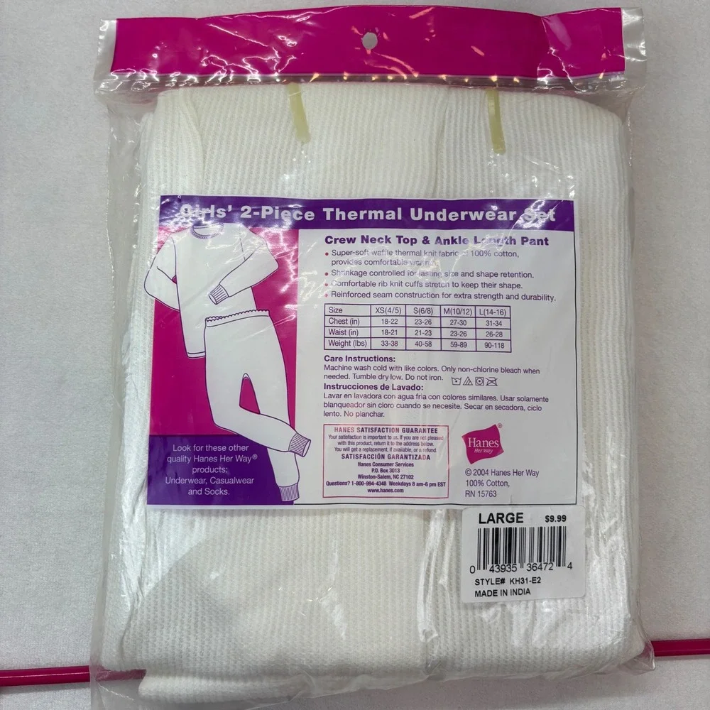 Hanes Her Way Girls Thermal Underwear Set White Cotton Stars Vintage large 14-16